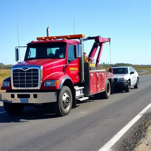 A special tow truck on a road, towing a damaged vehicle. The tow truck should be shown in action, with a large winch or hydraulic system attached to a broken-down car. The scene is outdoors, with a clear sky and a road in the background. No text or lettering should be present.