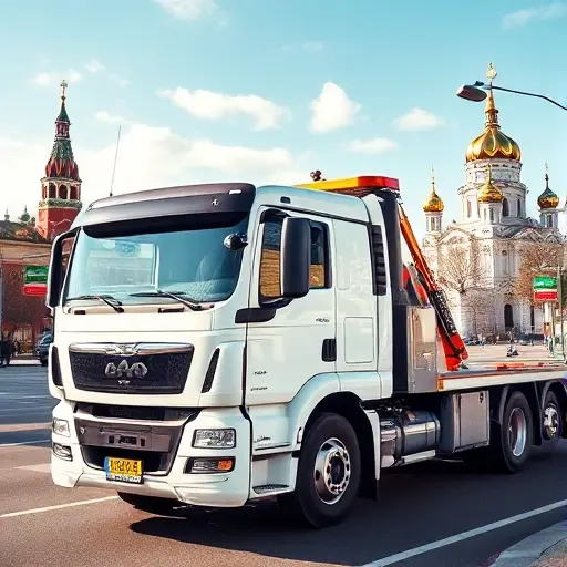A modern tow truck parked on a city street with the iconic skylines of Moscow and Saint Petersburg in the background. The truck’s license plate is clearly visible, and a stack of official documents is placed on the driver’s side. The scene is bright, detailed, and conveys a professional towing service.