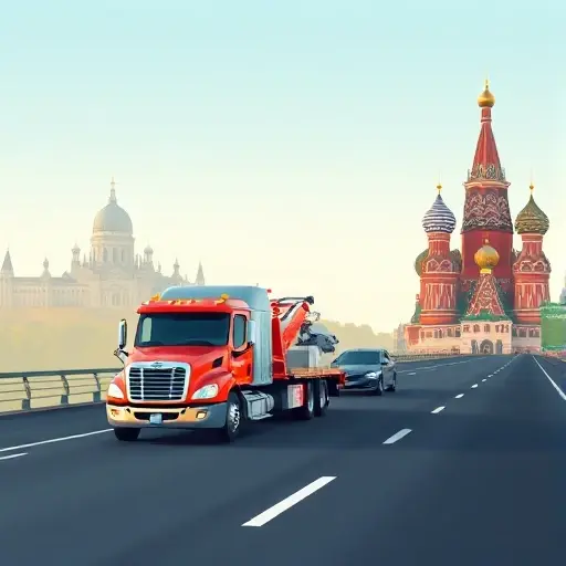 A realistic illustration of a tow truck driving on a highway that links Saint Petersburg and Moscow, with the silhouette of the Peter and Paul Fortress on the left side and the outline of Saint Basil's Cathedral on the right side, under a clear sky, showing the vehicle towing a car, without any text or signage