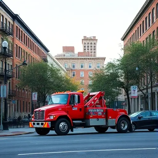 A realistic scene of a tow truck operating in an urban neighborhood reminiscent of an academic district, with the truck positioned beside a parked car on a city street, surrounded by typical city buildings, trees, and streetlights, under a clear sky, focusing on the vehicle and the surrounding environment without any text or signage