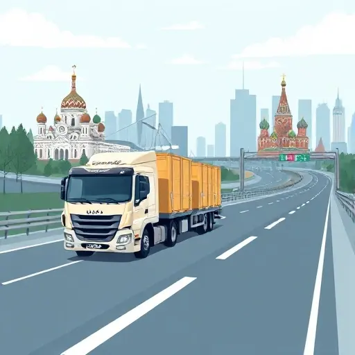 A realistic illustration of a tow truck (evakuator) traveling on a highway that stretches between the iconic skylines of St. Petersburg and Moscow, carrying securely fastened cargo crates under a subtle protective shield motif, emphasizing cargo insurance without any text or logos