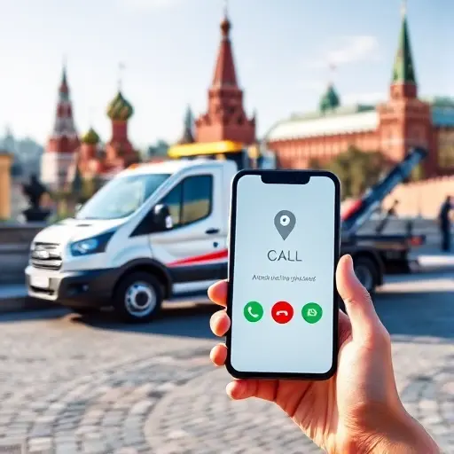 A modern tow truck parked near a recognizable Moscow landmark, such as the Kremlin or Red Square, with a clear, bright cityscape in the background. In the foreground, a hand holding a smartphone displaying a call button, and a subtle map overlay with a pin indicating a location. The scene conveys affordability and convenience, with a friendly, approachable atmosphere. No text, letters, or numbers should appear in the image.