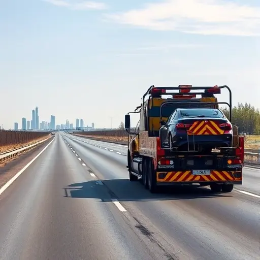A realistic scene of a modern tow truck (evakuator) transporting a car on a long highway between the cities of Perm and Moscow, with distant city skylines on each side, showing the truck's hook and a secured vehicle, under a clear sky, without any text or signage
