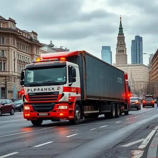 A busy Moscow street scene showing a large tow truck lifting a damaged cargo truck after an accident, with emergency lights flashing, scattered debris, and a cityscape background under overcast sky, all depicted in a realistic yet compact style