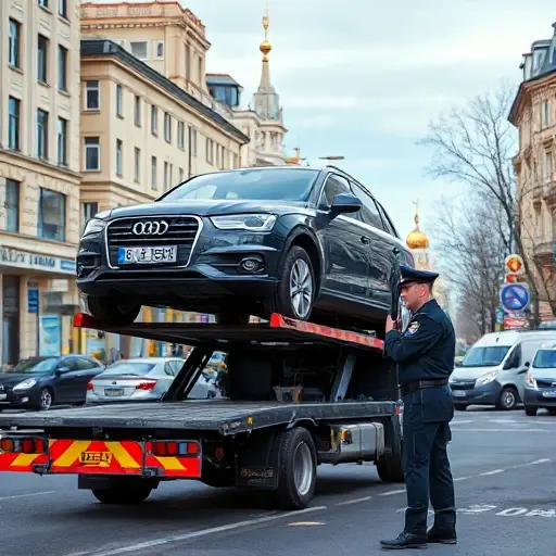 A bustling Moscow street scene showing a parked car being lifted onto a tow truck, a traffic police officer in uniform guiding the operation, surrounding city buildings and typical Russian street elements, all depicted in a realistic smallHQ style without any visible text or signage