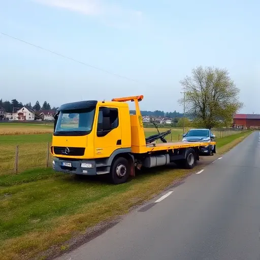 A bright yellow tow truck parked on a quiet country road in Mikhnevo, with a small rural town in the background, a few trees, and a parked car being towed. No people, no text, no logos.