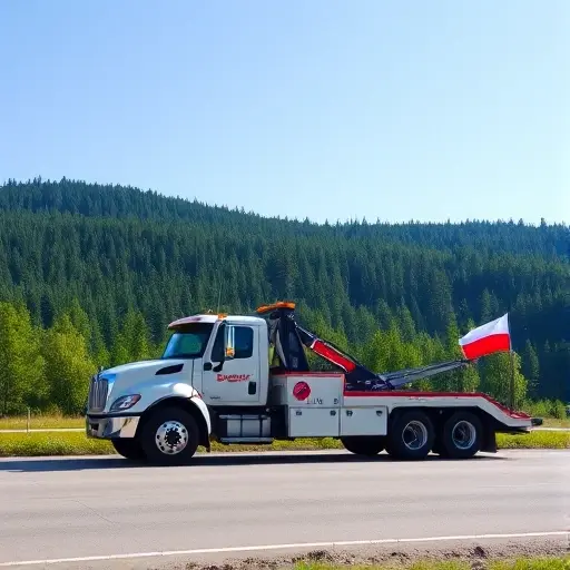 эвакуатор беларусь A realistic towing truck parked on a scenic Belarusian road, with a lush forest background and a clear blue sky. The truck should be in a neutral color, showing its towing equipment and a small flag of Belarus subtly on the side. No text, letters, or digits should be present in the image.