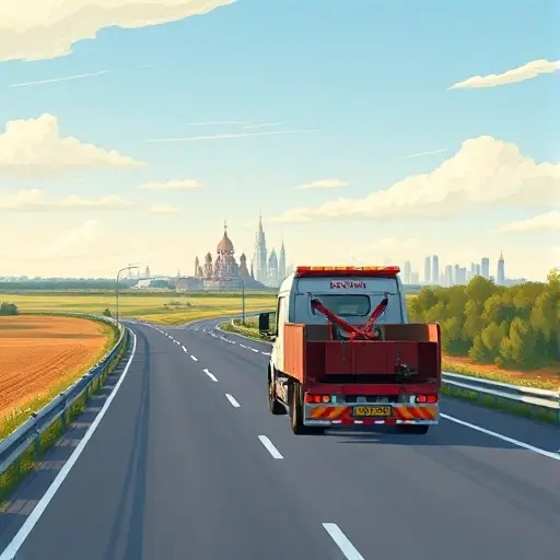 Эвакуатор из Коломны в Москву: Полное руководство A realistic illustration of a tow truck traveling from Kolomna to Moscow on a highway, passing through Russian countryside, with the Moscow skyline visible in the distance, no text or lettering, no digits, no signage with numbers.