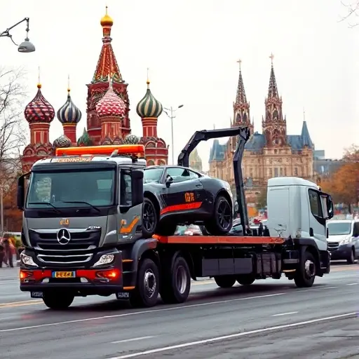 A realistic scene of a tow truck in Moscow, pulling a car onto its platform. The background shows recognizable Moscow architecture such as the Kremlin towers and a busy city street, with subtle autumn colors. The focus is on the vehicle and the tow operation, with no signage, text, or logos visible.
