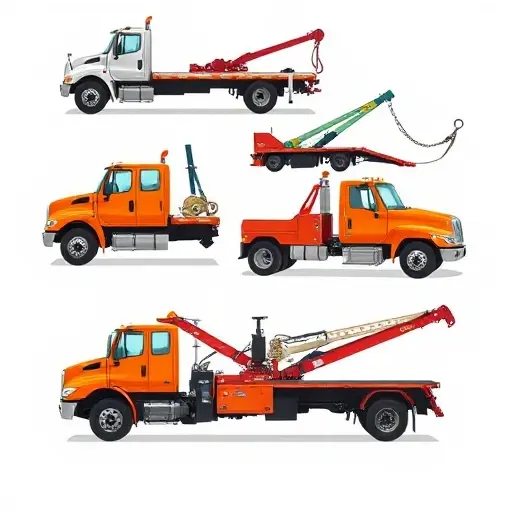 A detailed illustration of various types of special tow trucks, including a flatbed tow truck, a hook and chain tow truck, a winch tow truck, a low loader tow truck, and a hydraulic lift tow truck, arranged in a clean, organized layout. Each truck should be depicted in a realistic style with clear mechanical details, but without any text, letters, or numbers. The background should be neutral and unobtrusive, focusing attention on the trucks.