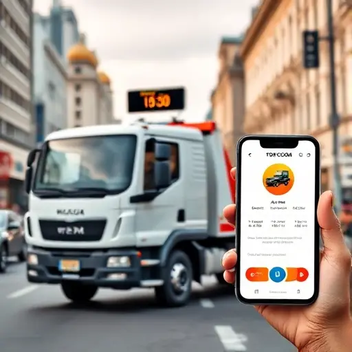 A modern tow truck parked on a busy Moscow street, with a digital display showing arrival time, a smartphone with a tow service app open, and a cityscape background. The scene should convey speed and affordability, with a clear, clean aesthetic.