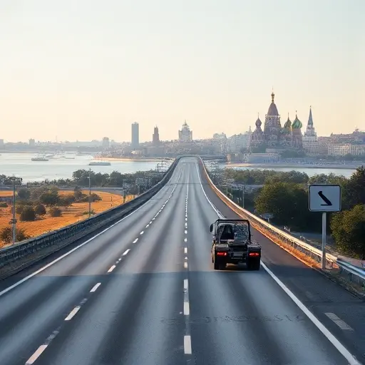 A realistic scene showing a modern tow truck on a long highway stretching from a sunny, coastal cityscape representing Simferopol toward a distant skyline with iconic Moscow landmarks such as the Kremlin domes, under a clear sky. The tow truck is carrying a vehicle, and the road is marked with subtle directional signs without any readable text. The atmosphere conveys a smooth, reliable journey, with gentle hills and trees along the sides, emphasizing trust and client satisfaction.