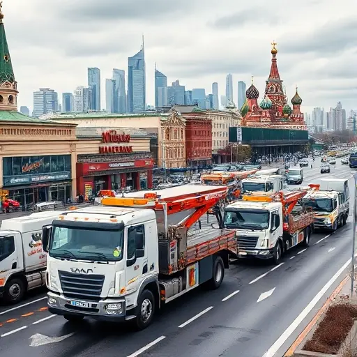 Рынок грузовых эвакуаторов в Москве A busy Moscow street scene featuring several large cargo tow trucks parked and operating near a modern commercial area, with the city's skyline and recognizable architecture in the background, showing a lively market atmosphere with various models of tow trucks, drivers, and surrounding traffic, all depicted in a realistic yet compact style