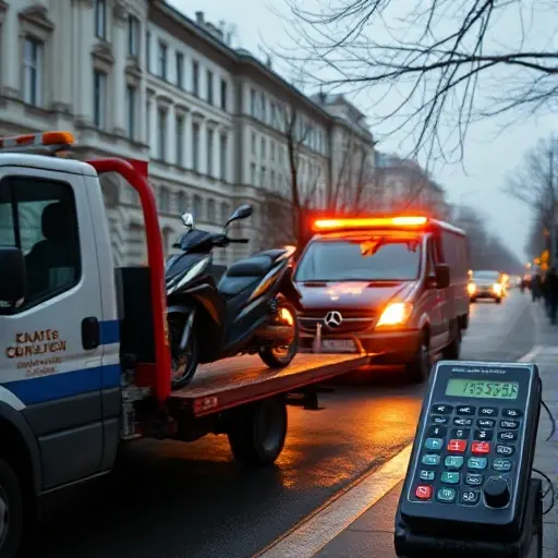 A tow truck pulling a motorcycle on a Moscow street, with a digital price calculator device nearby, realistic depiction