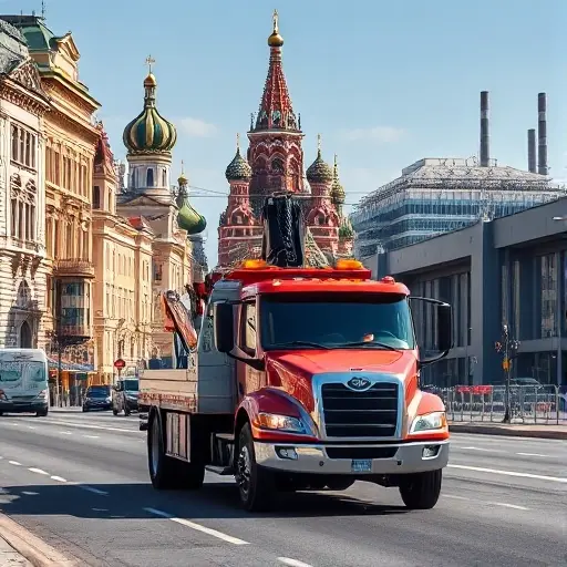 A realistic scene showing a modern tow truck driving along a city street, with recognizable Moscow architecture such as historic buildings and the Kremlin silhouette in the background, transitioning into the outskirts with typical Kaluga industrial warehouses. The tow truck is prominently centered, with a clear view of its hook and lights, under a bright daytime sky. No text, logos, or signage should appear on the vehicle or buildings.