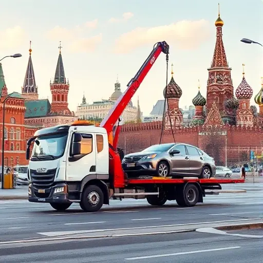 заказать эвакуатор автомобилей москва A realistic scene of a modern tow truck with a crane lifting a car, set against a recognizable Moscow city background featuring iconic architecture such as the Kremlin silhouette and typical street elements, under a clear sky. The focus is on the tow truck and the rescued vehicle, with urban streets and sidewalks, without any text or logos.