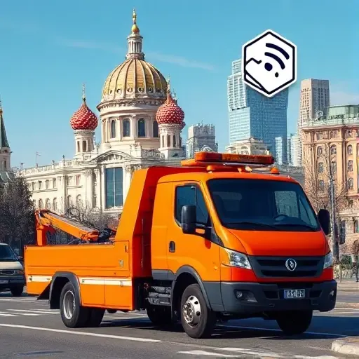 увез эвакуатор куда звонить москва A realistic scene of a tow truck parked on a Moscow street, with recognizable Moscow architecture such as the Kremlin dome or typical high-rise buildings in the background. The tow truck is bright orange, with a flashing light on top, and a subtle illustration of a smartphone or phone icon nearby to suggest calling for service, but no actual text or numbers. The atmosphere is daytime with clear sky, showing the urban environment and the tow truck ready for action.