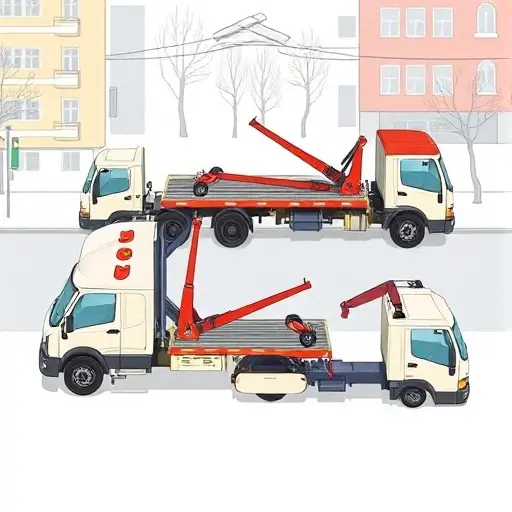 A detailed illustration of a tow truck on Amur Street, showing three types of tow trucks side by side: a flatbed tow truck, a hook-and-chain tow truck, and a wheel-lift tow truck. The scene includes a city street backdrop with subtle architectural details of a Russian urban environment. The focus is on the tow trucks, their equipment, and the mechanics of towing, with a clear depiction of a car being towed by each type. The composition is clean, realistic, and informative, suitable for a guidebook illustration.