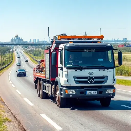 A modern tow truck (evacuator) operating on a highway in the Moscow region, with a backdrop of typical Russian suburban scenery and distant city skyline, showing the vehicle's robust equipment and a professional driver assisting a stranded car, under clear daylight, realistic yet slightly stylized rendering