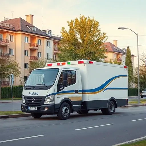 A realistic small-scale high-quality illustration of a modern tow truck (evacuator) parked on a quiet street in Troitsk, New Moscow, with typical Russian residential buildings and trees in the background, under a clear sky, no text or signage visible