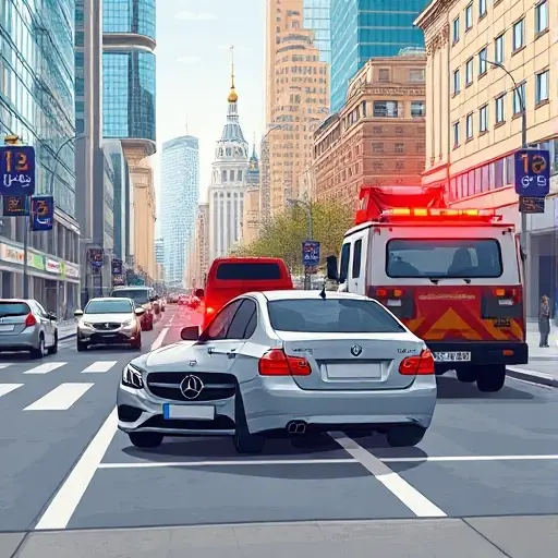 A realistic illustration of a busy Moscow street scene with modern buildings and recognizable landmarks, showing a well-maintained car parked correctly in a designated spot, while a tow truck with flashing lights is visible in the background, emphasizing the concept of preventing vehicle towing; the scene should convey calmness and safety without any text, letters, or numbers.