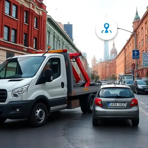 вызвать эвакуатор в москве недорого метрогородок A compact city street scene in Moscow with a modern tow truck parked beside a small car, the tow truck's hook ready to lift the vehicle. In the background, recognizable Moscow architecture such as a red brick building and a hint of the Moscow skyline, but no visible signage or text. The atmosphere suggests an affordable, quick service, with a subtle hint of a phone or app notification icon floating nearby to imply calling the service, without showing any actual text or numbers.
