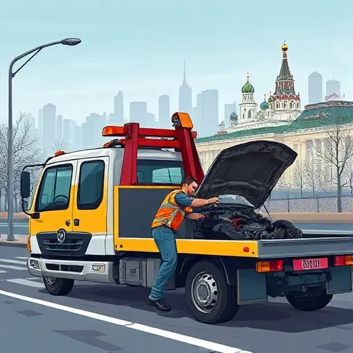 A realistic illustration of a tow truck parked on a Moscow street, with a mechanic in a work jacket inspecting the engine and transmission of a car, city skyline in the background, no text or lettering