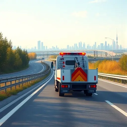 Эвакуатор Москва, Богородское шоссе: Полное руководство A realistic smallHQ style illustration of a tow truck (evacuator) on the Bogorodskoe Highway near Moscow, with the vehicle positioned on the side of a modern highway, surrounded by typical Russian road scenery such as trees, a distant city skyline, and a clear sky. The tow truck should be the focal point, showing its hook and lights, but without any text, logos, or signage.