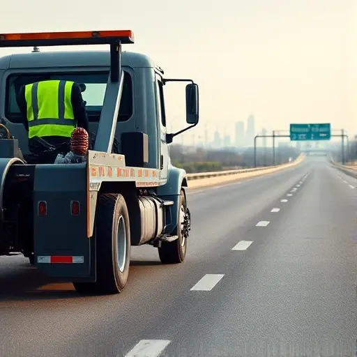 Эвакуатор Москва, Очаковское шоссе: Полное руководство A realistic daytime scene of a tow truck parked on Ochakovskoye Highway in Moscow. The truck should be a modern, heavy-duty tow vehicle with a visible tow hook and a reflective safety vest on the operator’s seat. The highway should be wide, with clear lane markings and a subtle sign indicating 'Ochakovskoye Highway' in the background. In the distance, a faint outline of the Moscow skyline should be visible, suggesting an urban setting. The lighting should be natural daylight with soft shadows, and the overall color palette should be muted and professional, avoiding overly bright or saturated hues.