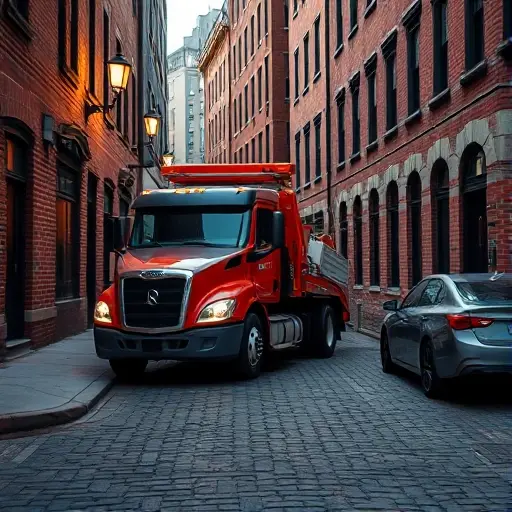 A realistic depiction of a modern tow truck parked on a narrow urban street, with cobblestone pavement and historic brick buildings lining the sides. The scene should capture the tow truck's front hood open, a small trailer attached, and a subtle hint of a nearby parked car. The lighting is soft, early evening, with warm street lamps casting gentle glows. No text, letters, or digits should appear in the image.