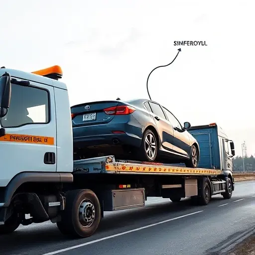 A tow truck (evakuator) loading a car onto its flatbed, with a subtle map outline in the background indicating a route from Simferopol to Moscow, emphasizing the challenge of loading and unloading, realistic lighting, detailed vehicle and road textures, no text or logos
