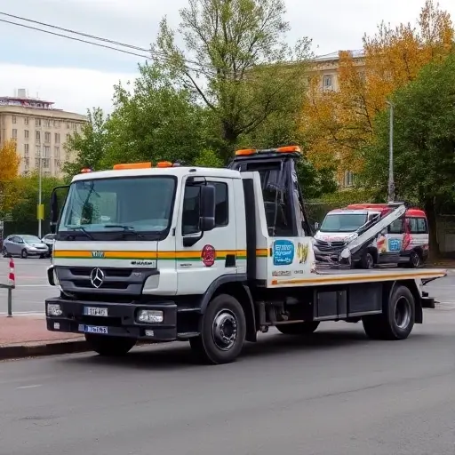 A realistic scene of a modern tow truck (evakuator) parked on a quiet street in the town of Shelkovo, with typical Russian residential buildings and a few trees in the background, under a clear sky. The focus is on the tow truck and its equipment, showing the vehicle's details and the surrounding urban environment without any text or signage.
