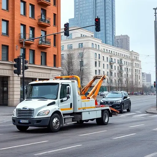 A realistic depiction of a tow truck parked or moving on 4th Pavlogradskaya Street, with surrounding city buildings, traffic lights, and a car being towed, showing a clear urban environment without any text or signage visible