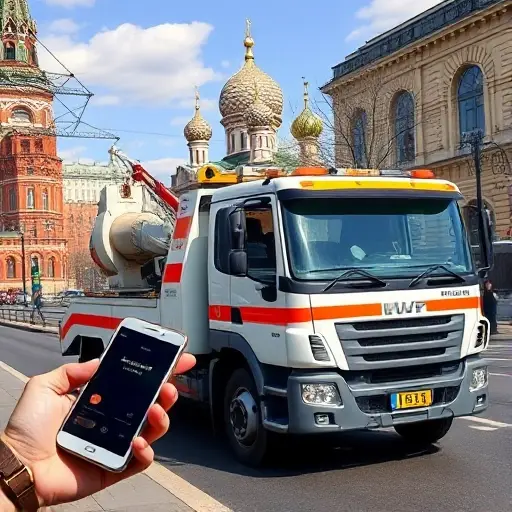 A modern tow truck parked on a Moscow street with recognizable city landmarks such as the Kremlin dome in the background, a hand holding a smartphone near the truck to suggest calling for assistance, bright daylight, realistic details, no text or signage