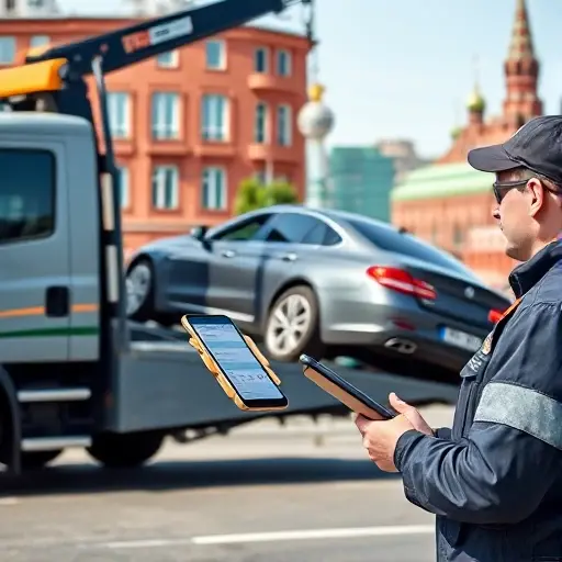 A professional car towing service scene in Moscow: a modern tow truck with a hook lifting a sedan, set against recognizable Moscow cityscape elements like red brick buildings and a hint of the Kremlin silhouette in the background. A driver in a uniform is using a tablet to input vehicle details, focusing on the action without showing any text on the screen. The atmosphere is clear daytime, with realistic lighting and a sense of efficient service.