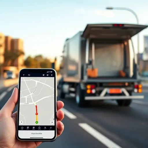 заказ эвакуатора A realistic scene of a roadside vehicle breakdown with a modern tow truck arriving, the driver opening the truck's rear hatch, a smartphone in the foreground showing a simple map interface without visible text, urban street background under a clear sky.