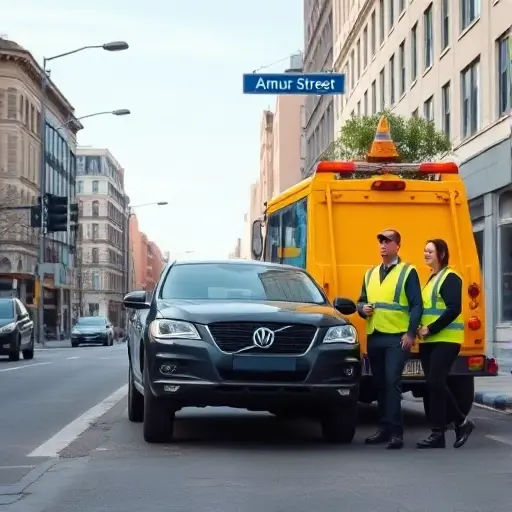 A realistic scene of a tow truck parked on a bustling city street named Amur Street. The tow truck is a modern, bright yellow vehicle with a visible tow hook and a small flag indicating its service. In front of the truck, a broken car is partially lifted, showing a visible flat tire and a damaged front bumper. The street is lined with typical urban buildings, a traffic light, and a street sign that reads "Amur Street" in a subtle, non-textual manner. A tow truck operator in a reflective vest stands beside the vehicle, holding a phone and a clipboard, ready to assist. The background includes a clear sky, a few passing cars, and pedestrians walking on the sidewalk. The overall composition is balanced, with a focus on the tow truck and the broken car, capturing the urgency and professionalism of roadside assistance.