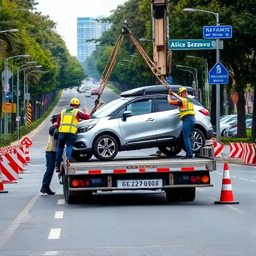 A scene showing a car being carefully evacuated on a city avenue named after Alice Selezneva. The car is being lifted onto a flatbed truck by professional rescuers using safety equipment such as straps and a crane, with clear signage of traffic control barriers and safety cones. The background features the avenue with trees and buildings, emphasizing a calm, organized operation focused on safety during loading and transport. No text, letters, or numbers are visible in the image.