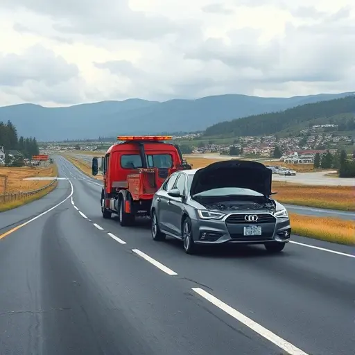 A realistic smallHQ illustration of a tow truck assisting a broken car on a highway between a small town and a city, showing the car with an open hood and visible mechanical issues, under a cloudy sky, with no people, no text, and no signage
