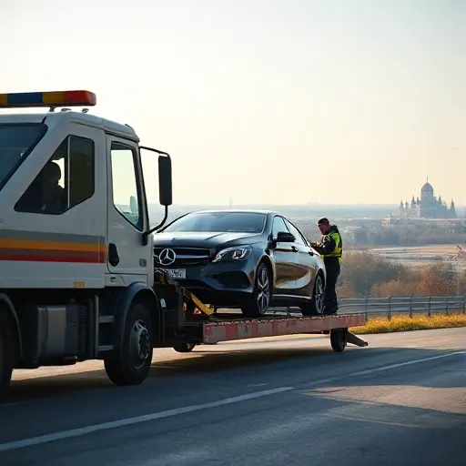 A realistic scene showing a tow truck (evacuator) pulling a passenger car onto its platform on a road that hints at the route between Sergiev Posad and Moscow, with a subtle background of Russian countryside and distant city skyline, bright daylight, no text or signage
