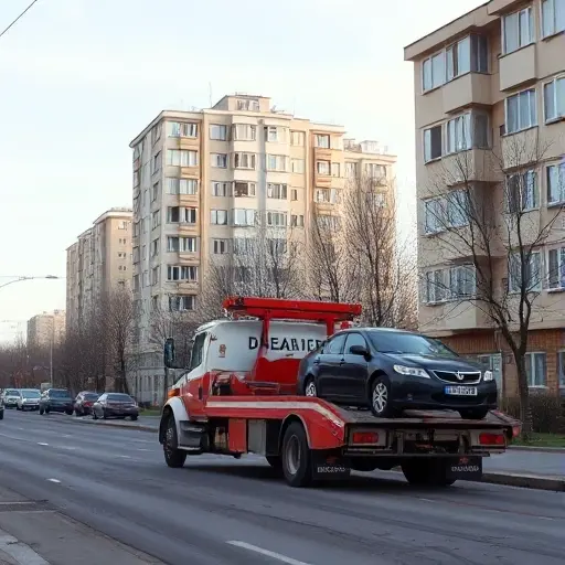 Эвакуатор в районе Тимирязевском: Полное руководство A tow truck parked on a residential street in the Timiryazevsky district, with a car being towed, surrounded by typical Soviet-era apartment buildings, a clear sky, no text or signage