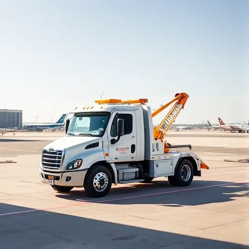 эвакуатор аэропорт A modern airport terminal with a bright, sleek tow truck parked beside a runway, its cab open to reveal a friendly driver, the truck's wheels slightly raised as if ready to move a stranded aircraft. The scene is set during daylight, with clear skies and distant planes in the background, capturing the dynamic contrast between the bustling airport environment and the calm, purposeful presence of the tow truck.