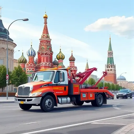 эвакуатор москва дешево свао A realistic illustration of a tow truck on a Moscow street, positioned near recognizable city architecture such as the Kremlin towers, with a clean sky and urban environment, showing the vehicle ready for service, without any signage or text.