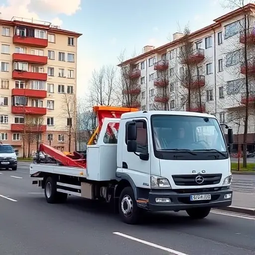 A clean, modern tow truck parked on a quiet street in the Metrogorodok district of Moscow, with typical Russian apartment buildings in the background under a clear sky, conveying an affordable service