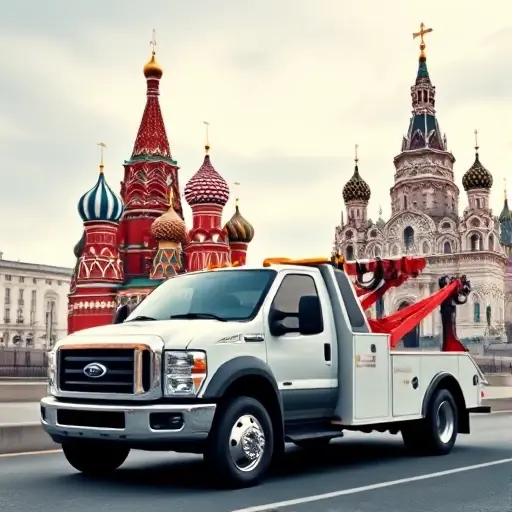 A modern tow truck parked in front of iconic landmarks of Moscow and St. Petersburg, with the Red Square and St. Basil's Cathedral on the left and the Peter and Paul Fortress on the right, in a realistic style, no text or lettering, no people or animals, no other cars, no sky or clouds