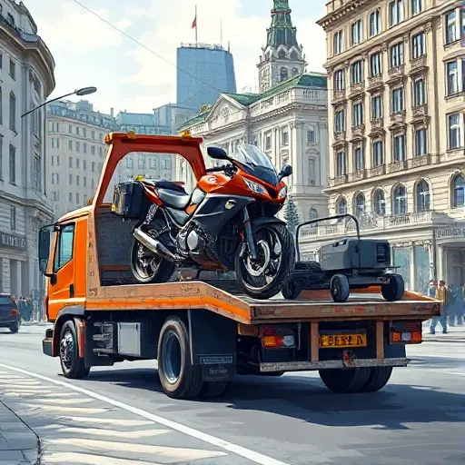 A detailed illustration of a Moscow street scene featuring a specialized tow truck designed for motorcycles and special equipment, with the truck's platform holding a motorcycle and a piece of construction machinery, city buildings and recognizable Moscow architecture in the background, realistic lighting and perspective