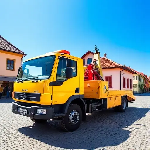 A bright yellow tow truck parked on a cobblestone street in Rybnik, with a small historic building in the background, a few pedestrians walking by, and a clear blue sky.
