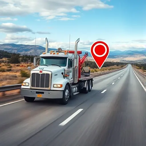 A tow truck driving on a highway with a visible route map overlay and a fixed price tag icon, set against a scenic background, no text or lettering