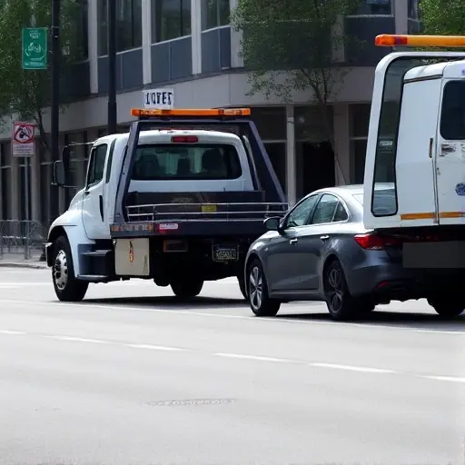 куда увезли машину на эвакуаторе A tow truck pulling a car on a city street, the car's front wheel hooked onto the tow hook, the truck's cab visible, no text or signage, realistic style