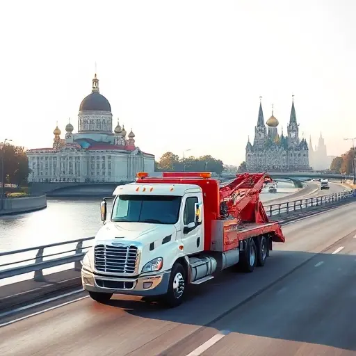эвакуатор волгоград москва A realistic scene of a tow truck driving on a highway, with subtle background elements hinting at Volgograd (such as the Volga River and a historic building) on one side and Moscow (silhouette of the Kremlin towers) on the other, under a clear sky, without any text or logos